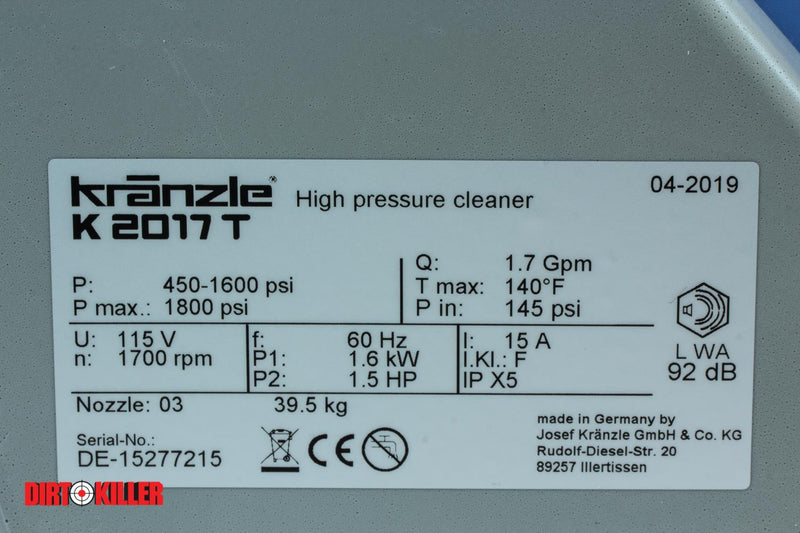 Kränzle K2017T 1600 PSI 1.7 GPM | Electric Pressure Washer - Hose reel - GFI